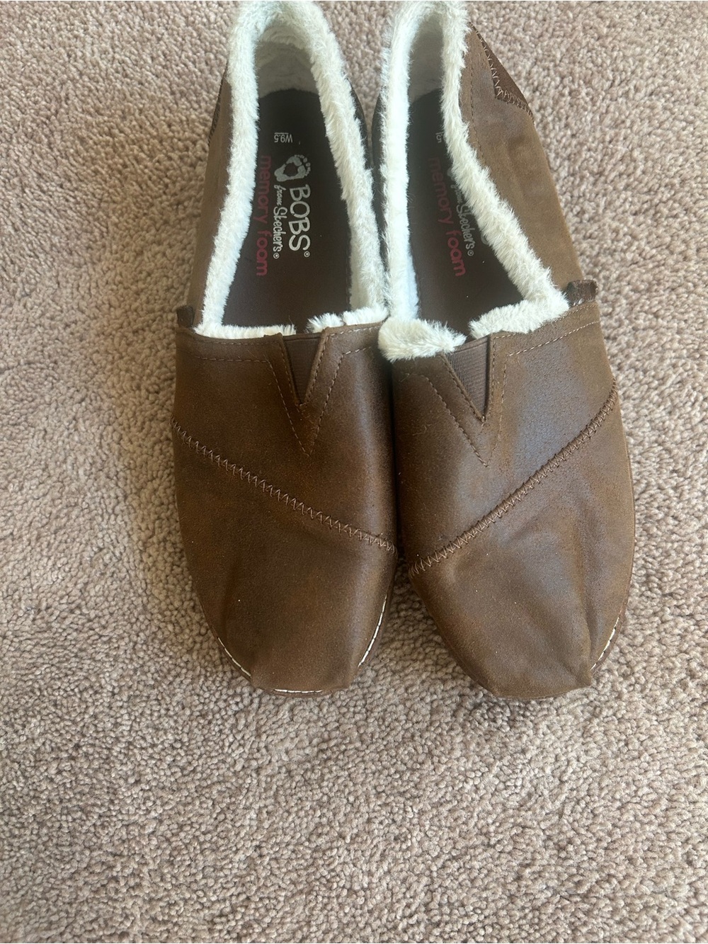 BOBS from Skechers Brown Faux-Suede Slip-On Flats with White Faux-Fur Trim